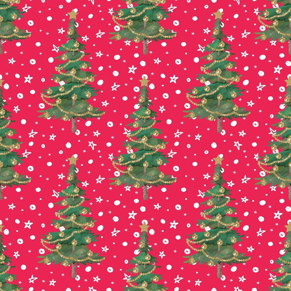 Christmas Trees & Snow Fabric - Red - ineedfabric.com