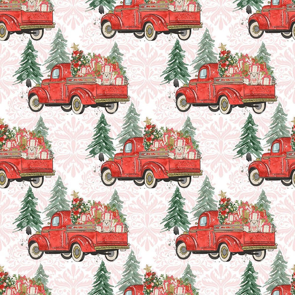 Christmas Trucks & Trees Fabric - Pink - ineedfabric.com