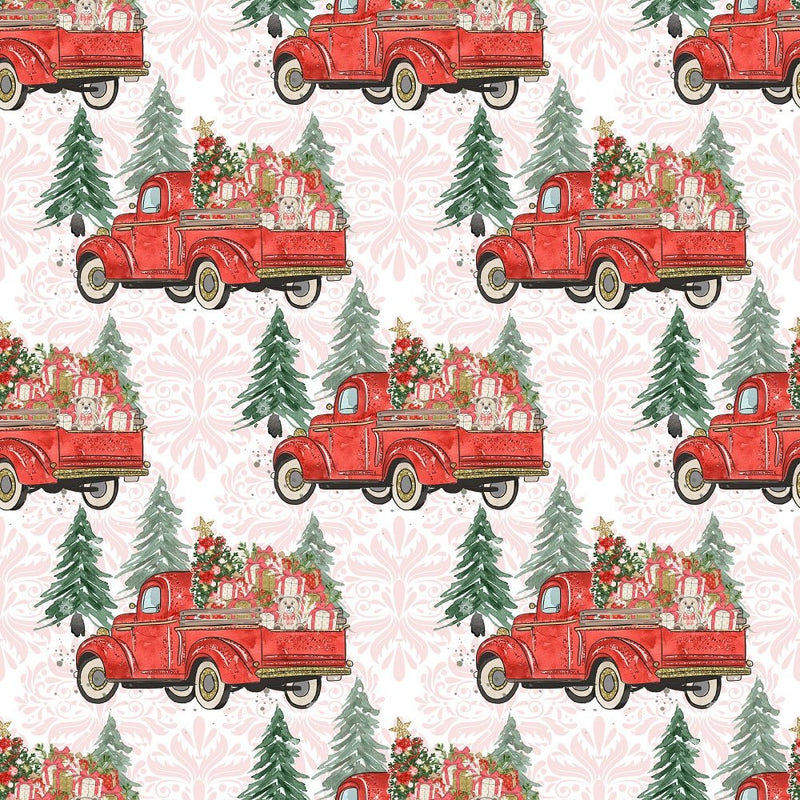 Christmas Trucks & Trees Fabric - Pink - ineedfabric.com