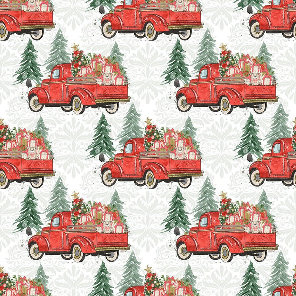 Christmas Trucks & Trees Fabric - White - ineedfabric.com