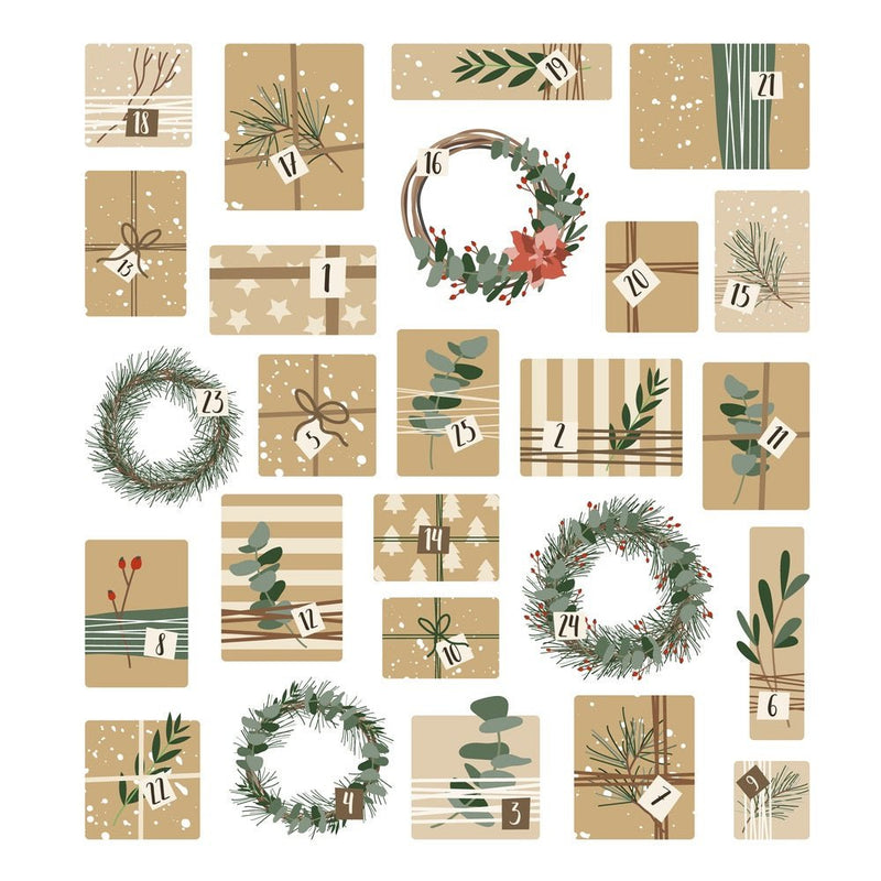 Christmas Wreaths and Kraft Paper Advent Calendar Fabric Panel - ineedfabric.com