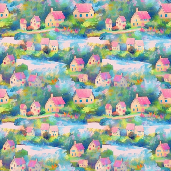 Claude Monet Country Village Pattern 2 Fabric - ineedfabric.com