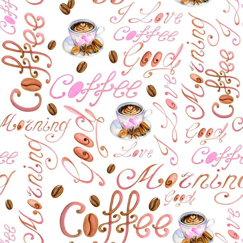 Coffee Cup and Words Fabric - ineedfabric.com