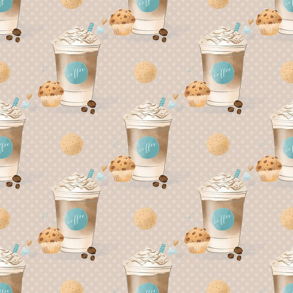 Coffee Cups on Polka Dots Fabric - Tan - ineedfabric.com