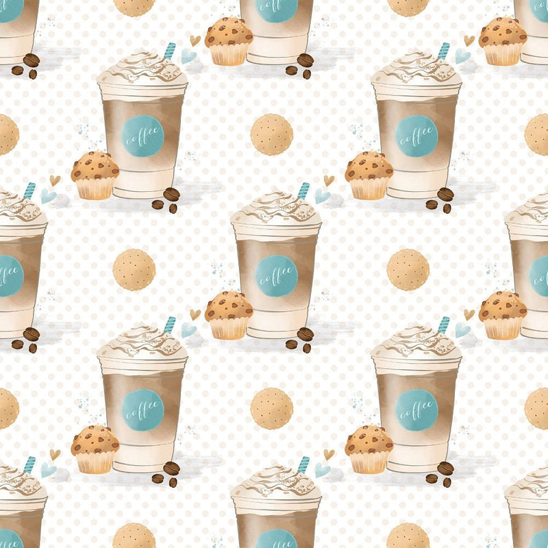 Coffee Cups on Polka Dots Fabric - White - ineedfabric.com