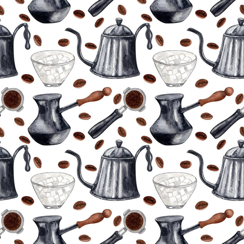 Coffee Elements and Beans Fabric - White - ineedfabric.com