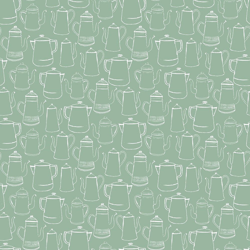 Coffee Lover Sketched Pots Fabric - Green - ineedfabric.com