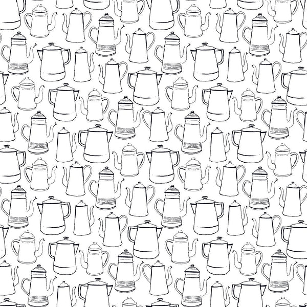 Coffee Lover Sketched Pots Fabric - White - ineedfabric.com