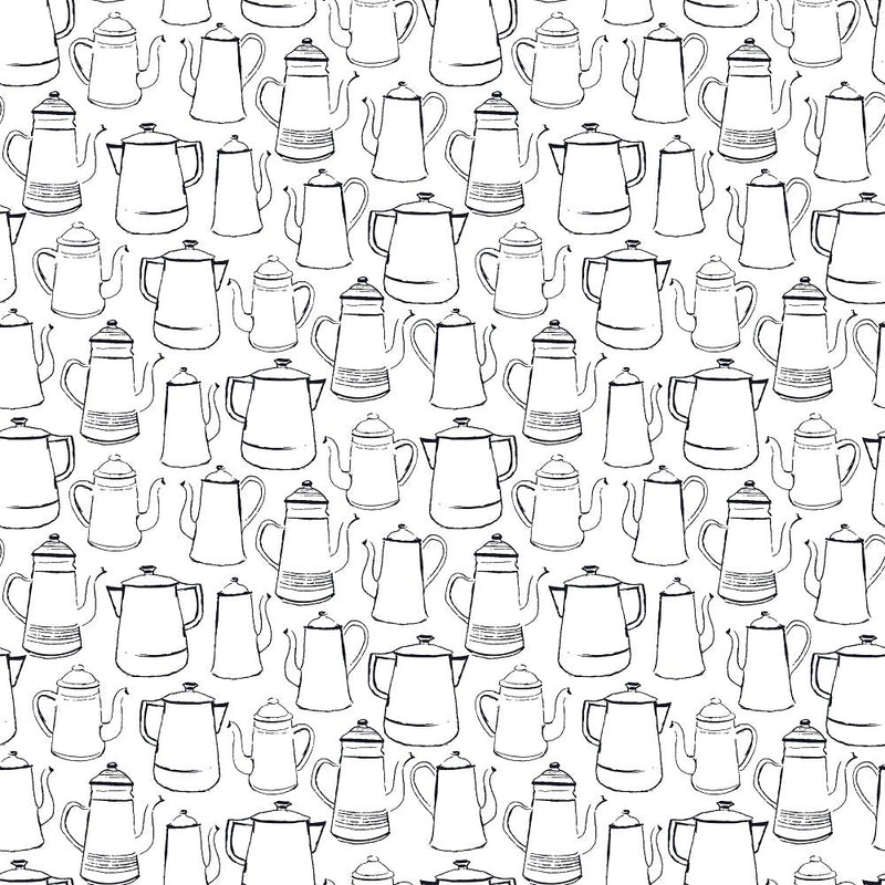 Coffee Lover Sketched Pots Fabric - White - ineedfabric.com