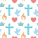 Colorful Christian Symbols Fabric - White - ineedfabric.com