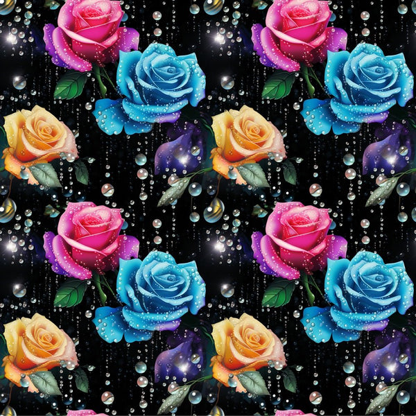 Colorful Roses & Water Droplets Fabric - ineedfabric.com