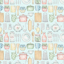 Cooking Utensils In The Kitchen Fabric - Blue - ineedfabric.com