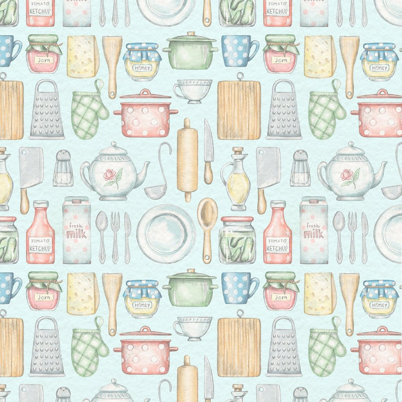Cooking Utensils In The Kitchen Fabric - Blue - ineedfabric.com