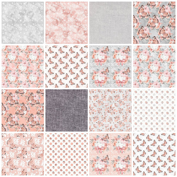 Coral & Grey Fat Quarter Bundle - 16 Pieces - ineedfabric.com