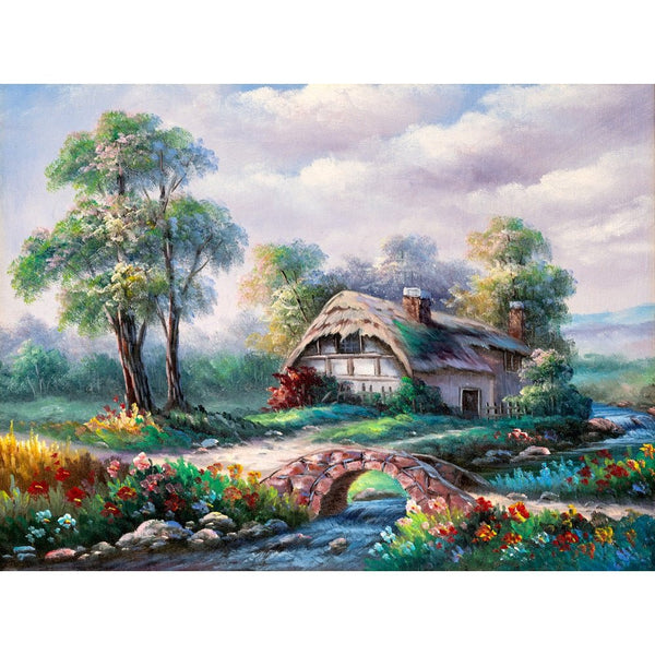 Country Cottage Oil Painting Fabric Panel - ineedfabric.com
