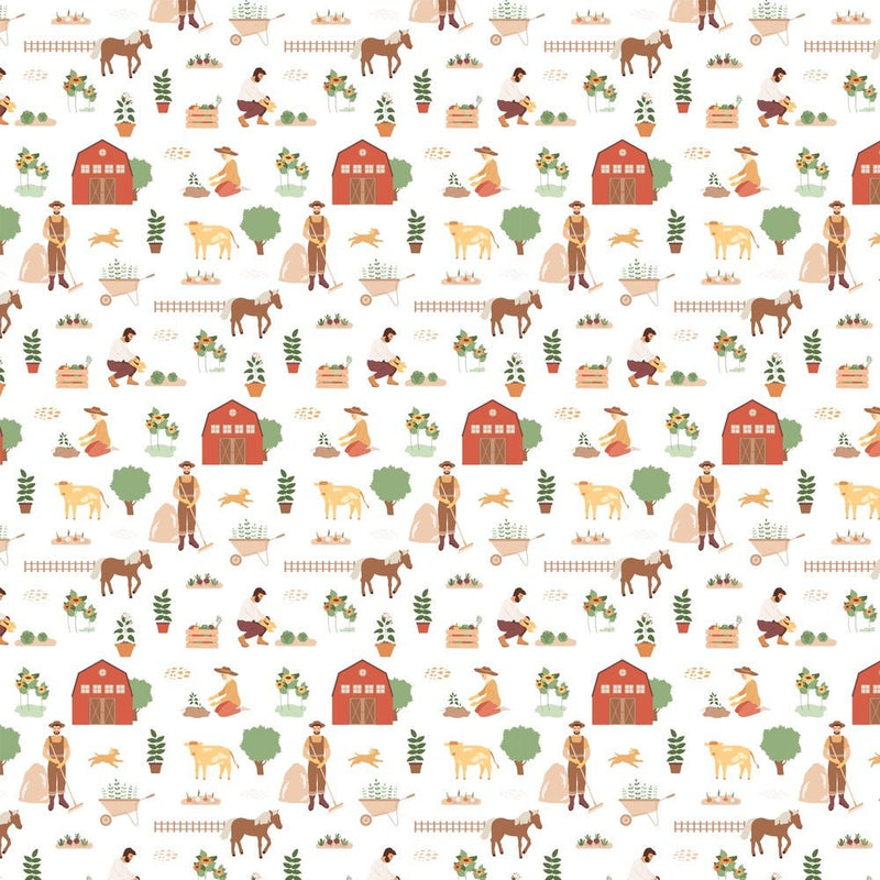 Countryside Farming Fabric - White - ineedfabric.com