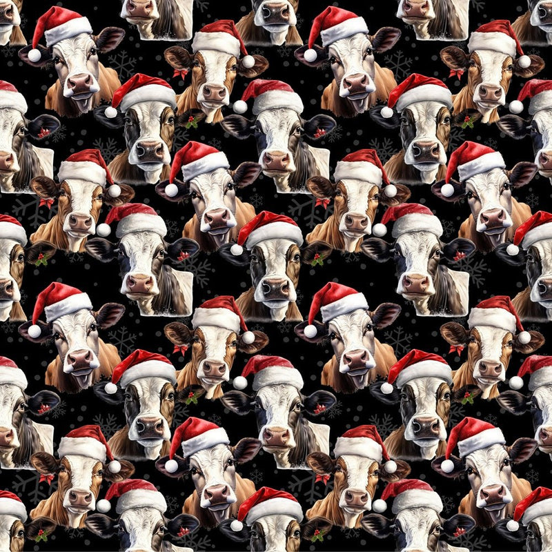 Cow In Santa Hats Fabric - Black - ineedfabric.com