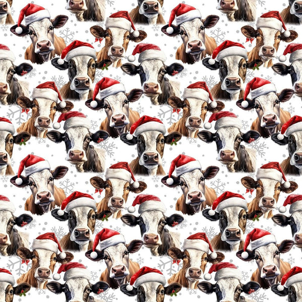 Cow In Santa Hats Fabric - White - ineedfabric.com