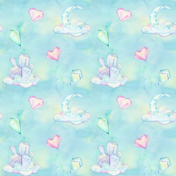 Crystals, Moon & Clouds Fabric - Baby Blue - ineedfabric.com