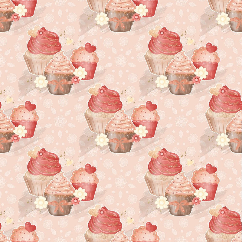 Cupcake Trio on Dainty Floral Fabric - Peach - ineedfabric.com