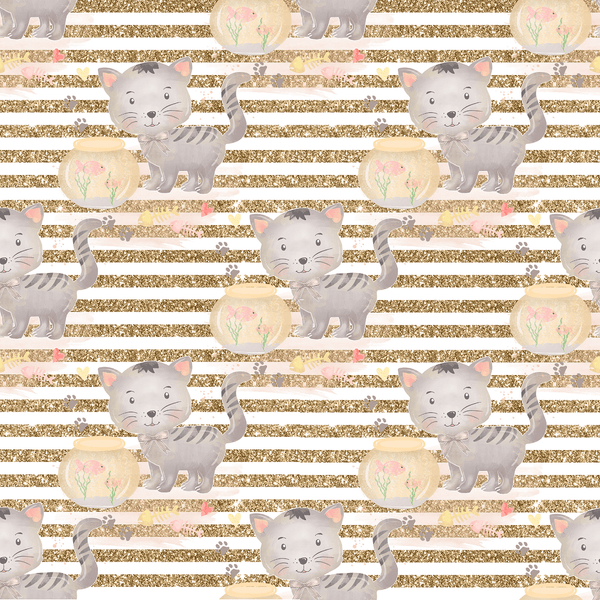 Curious Cat on Striped Fabric - Gold - ineedfabric.com