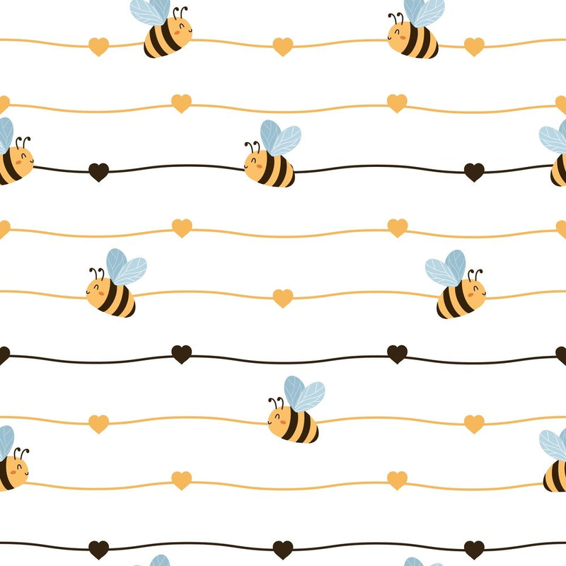 Cute Bees on Stripes Fabric - White - ineedfabric.com