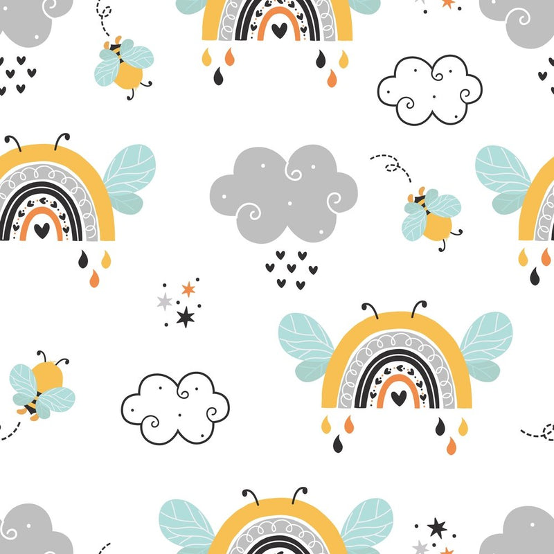 Cute Bees Rainbows with Clouds Fabric - White - ineedfabric.com