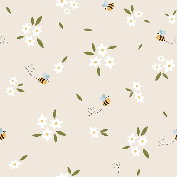 Cute Bees with Flowers Fabric - Tan - ineedfabric.com