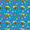 Cute Cartoon Bees & Flowers Fabric - Blue - ineedfabric.com