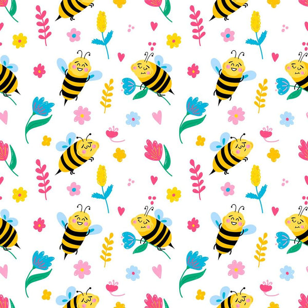 Cute Cartoon Bees & Flowers Fabric - White - ineedfabric.com