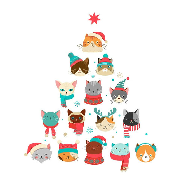 Cute Cat Christmas Tree Fabric Panel - White - ineedfabric.com