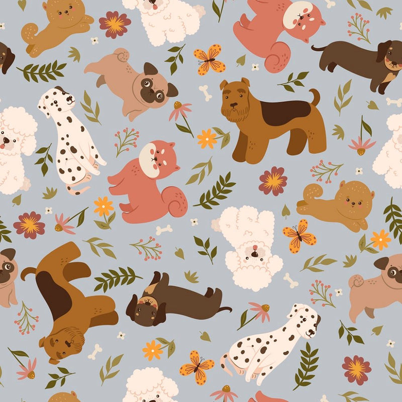 Cute Dogs and Flowers Fabric - Gray - ineedfabric.com