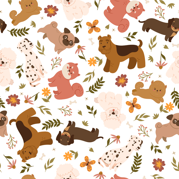 Cute Dogs and Flowers Fabric - White - ineedfabric.com