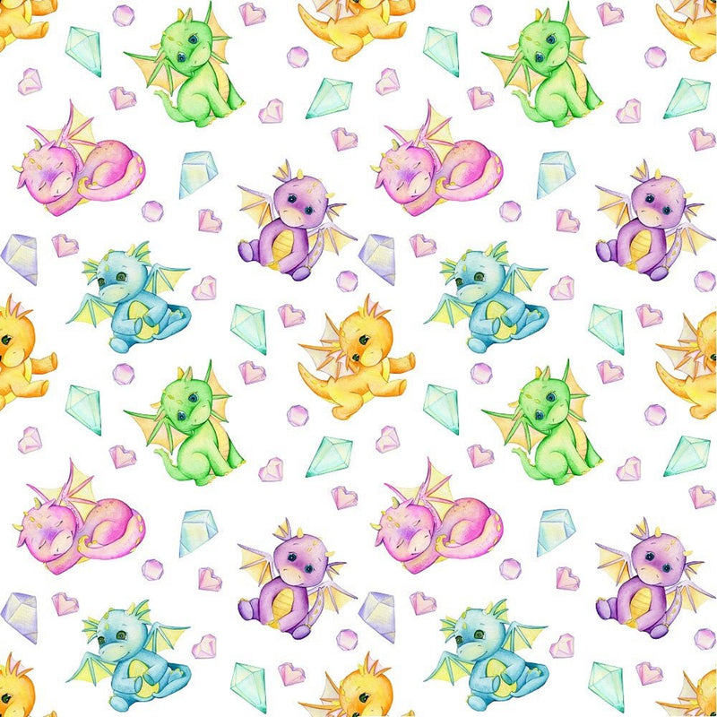 Cute Dragons Hearts & Crystals Fabric - White - ineedfabric.com