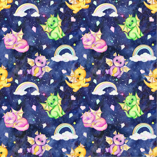 Cute Dragons, Rainbows, & Crystals Fabric - Dark Blue - ineedfabric.com