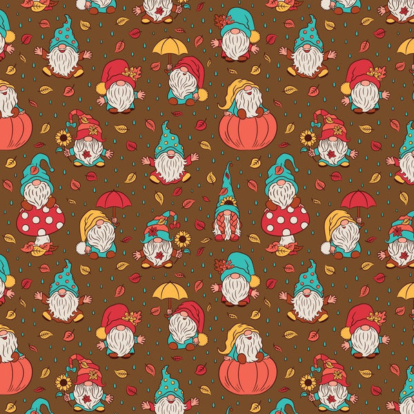 Cute Fall Gnomes & leaves Fabric - Brown - ineedfabric.com
