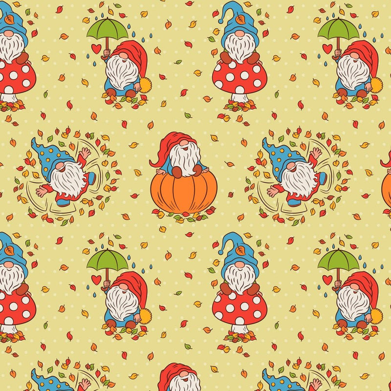 Cute Fall Gnomes & Leaves Fabric - Yellow - ineedfabric.com