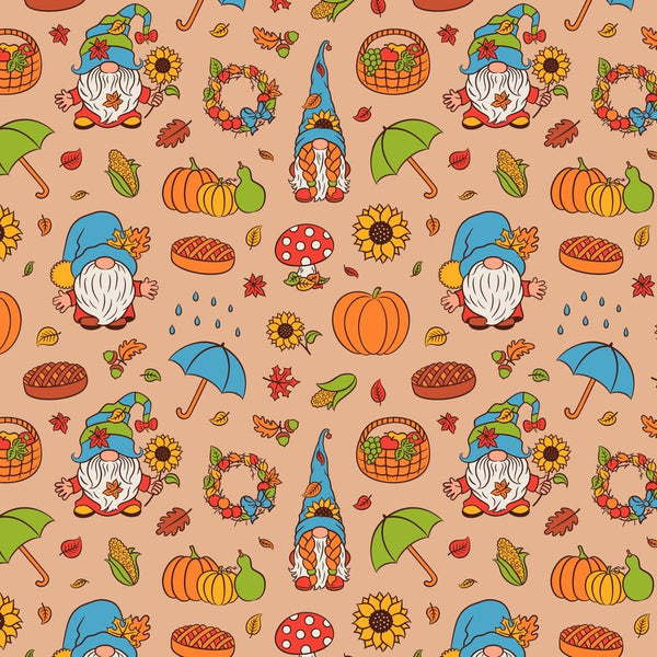 Cute Fall Harvest Gnomes Fabric - Tan - ineedfabric.com