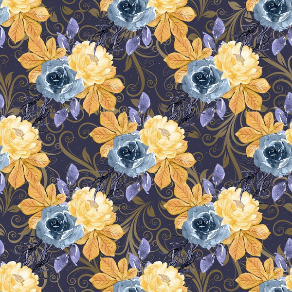 Cute Halloween Florals Fabric - Dark Blue - ineedfabric.com