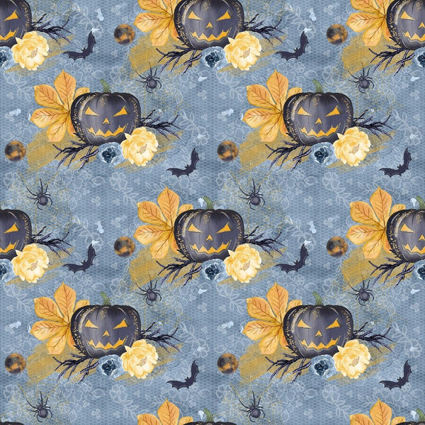 Cute Halloween Pumpkins and Bats Fabric - Blue - ineedfabric.com
