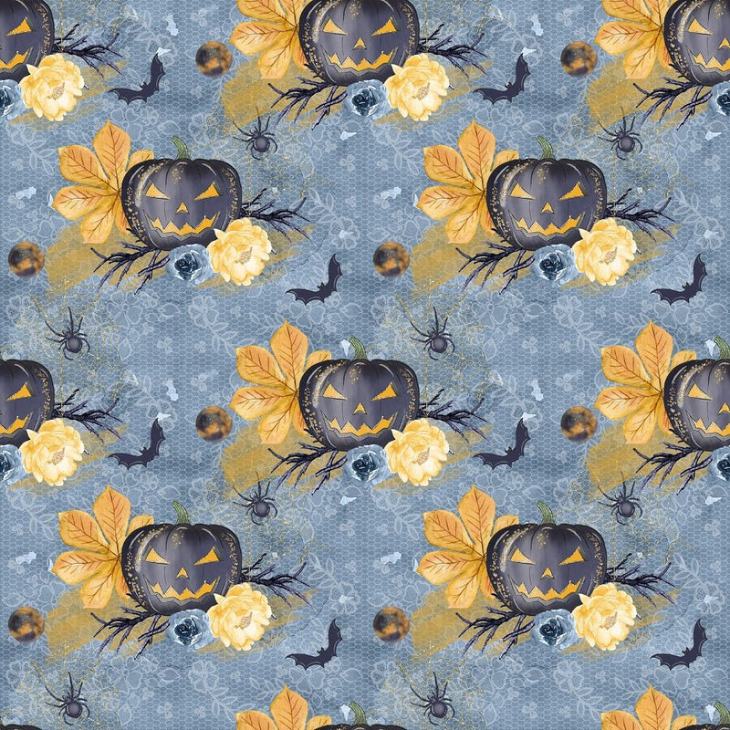 Cute Halloween Pumpkins and Bats Fabric - Blue - ineedfabric.com