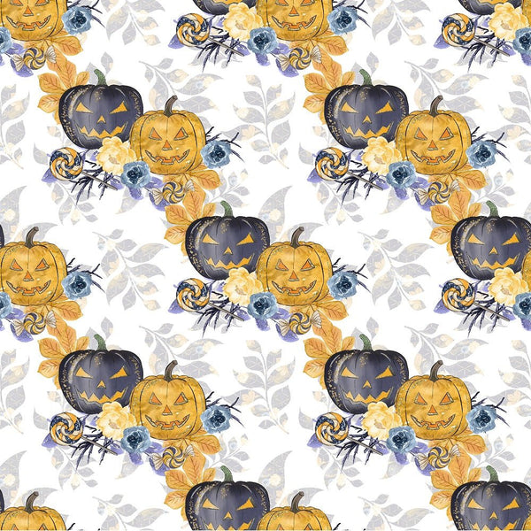 Cute Halloween Pumpkins on Leaves Fabric - White - ineedfabric.com