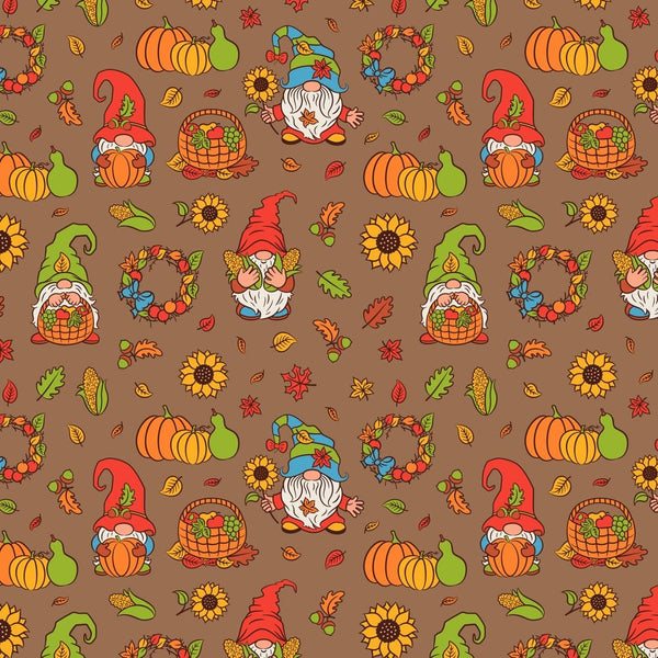 Cute Harvesting Gnomes Fabric - Brown - ineedfabric.com