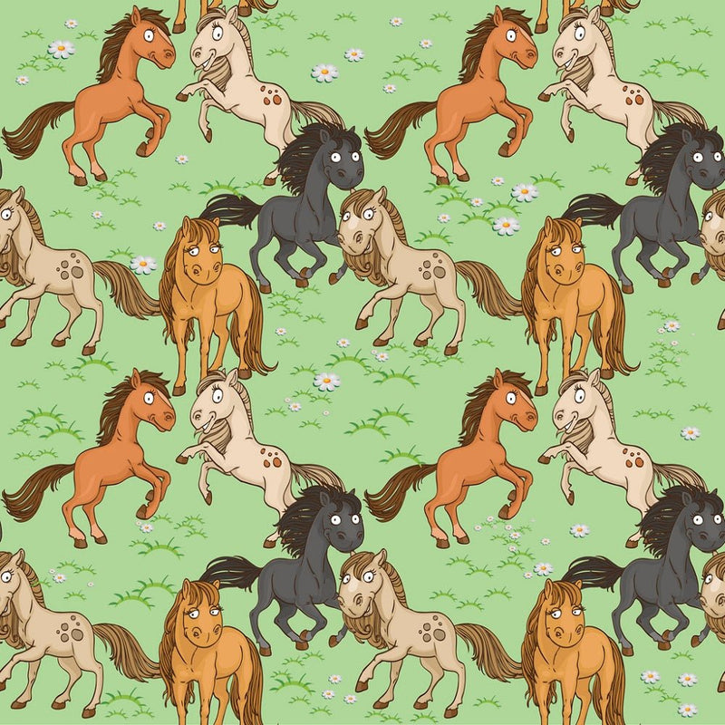 Cute Horses in Field Fabric - Green - ineedfabric.com