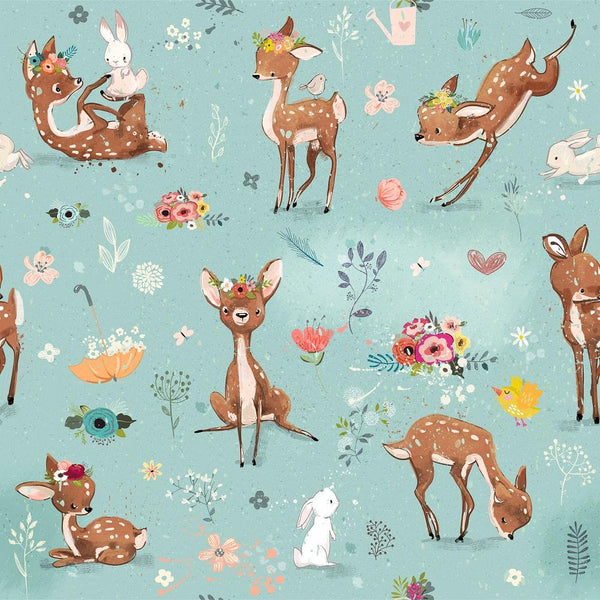 Cute Little Deer & Hare Fabric - Blue - ineedfabric.com