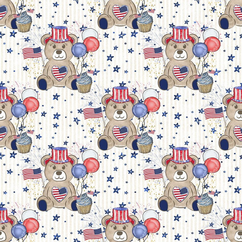 Cute Patriotic Bears on Blue Stars Fabric - White - ineedfabric.com