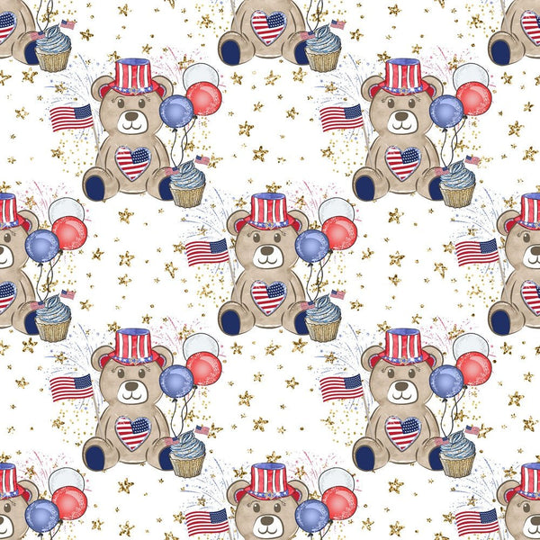Cute Patriotic Bears on Gold Stars Fabric - White - ineedfabric.com