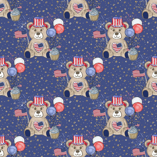 Cute Patriotic Bears on Stars Fabric - Blue - ineedfabric.com