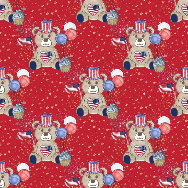 Cute Patriotic Bears on Stars Fabric - Red - ineedfabric.com