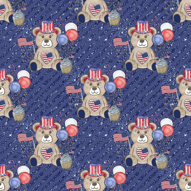 Cute Patriotic Bears on Stripes Fabric - Blue - ineedfabric.com